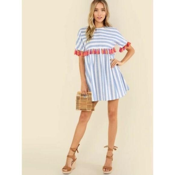 Blue & White Striped Dress With Tassels By Shein M beach summer tropical dress - Picture 2 of 9